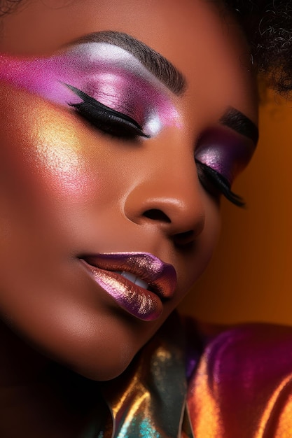 Женщина с пурпурно-золотым макияжем и пурпурно-золотыми тенями для век.