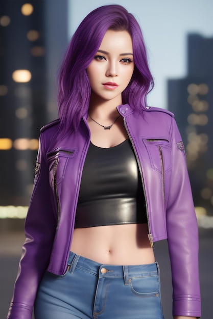 A woman with purple hair and a black top stands in a city street