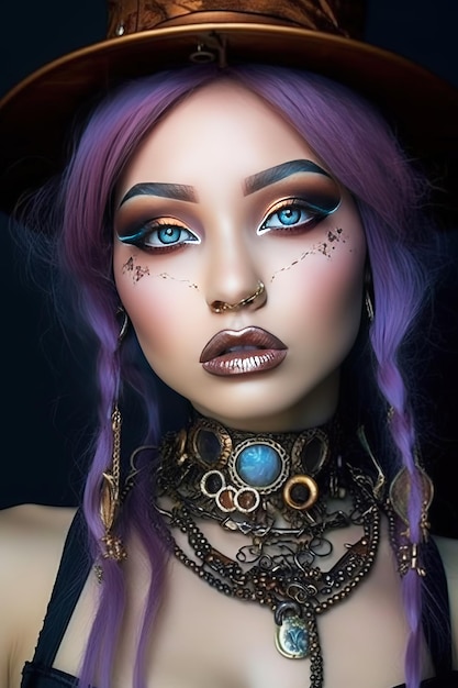 A woman with purple hair and blue eyes with a necklace and jewelry around her neck.