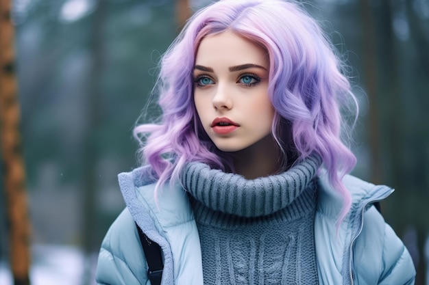 a woman with purple hair and blue eyes