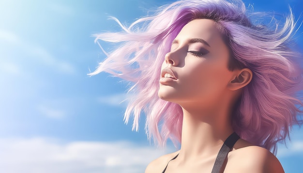 woman with purple hair and blue sky