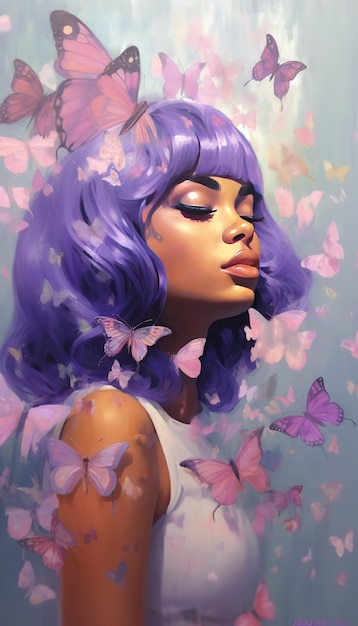 A woman with purple hair and butterflies on her head