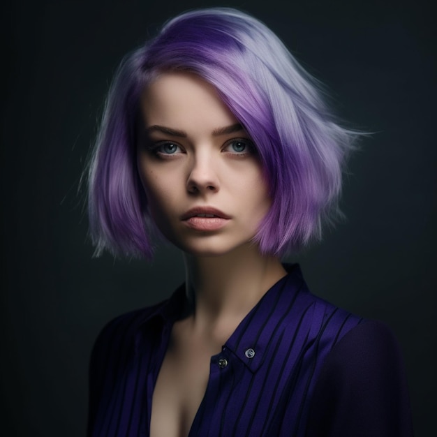 A woman with purple hair and a button on her shirt