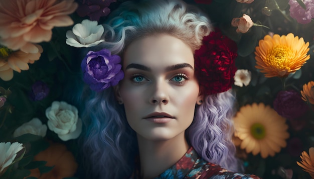 A woman with purple hair and a flower head