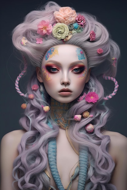 Женщина с фиолетовыми волосами и цветами на голове