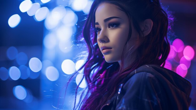 A woman with purple hair in front of colorful lights