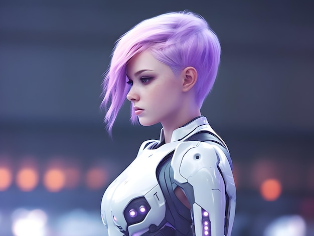 A woman with purple hair and a futuristic robot in the background.