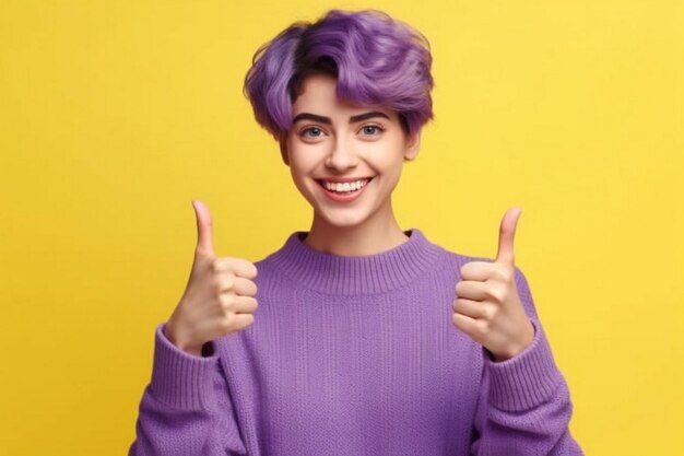 a woman with purple hair gives a thumbs up sign.