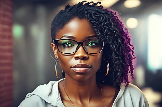 A woman with purple hair and glasses stands in a hallway.