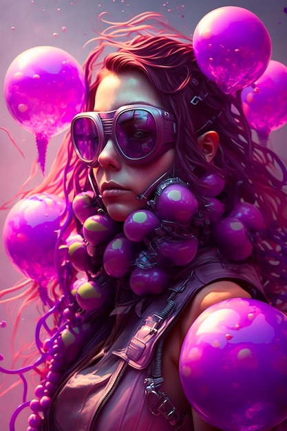 A woman with purple hair and glasses with a purple ball on her head