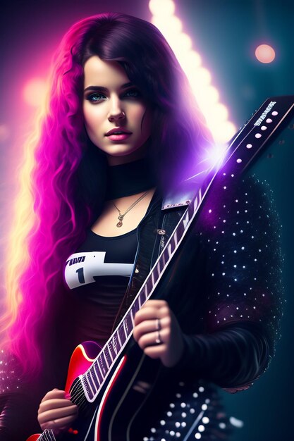 보라색 머리를 한 여자가 손에 기타를 들고 있습니다.