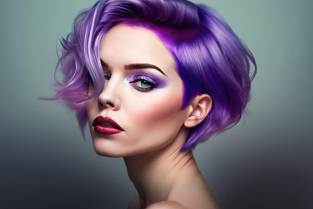 A woman with purple hair and a pink lip