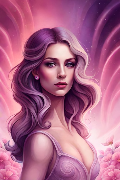 紫の髪と胸に花が付いた紫のドレスを着た女性。