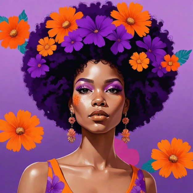 Foto una donna con i capelli viola e fiori viola sul viso