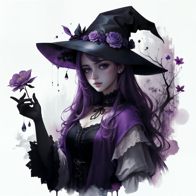 A woman with purple hair and purple flowers on her hat