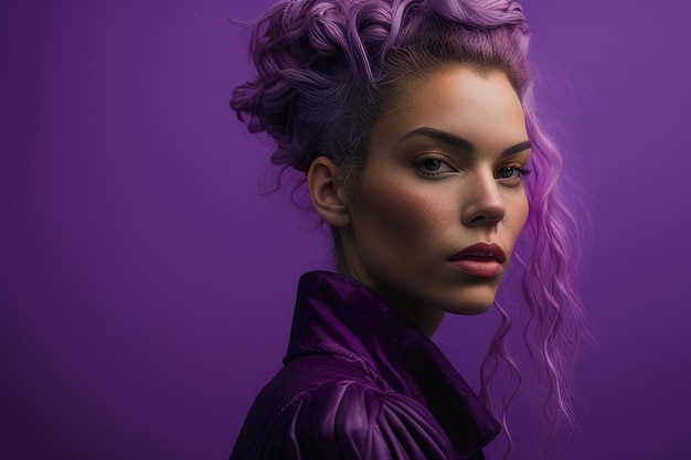 A woman with purple hair and purple hair looks into the camera.