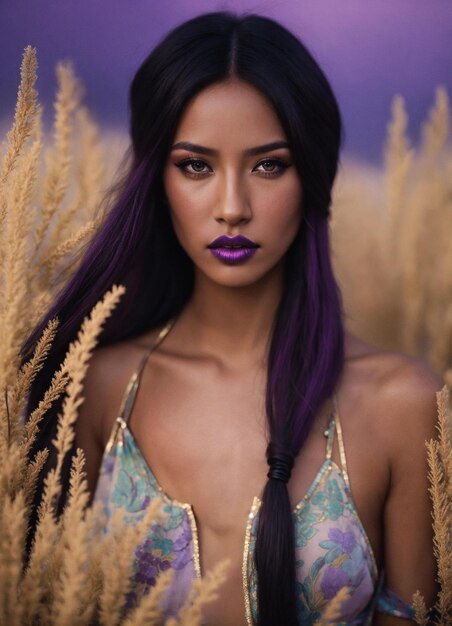 a woman with purple hair and purple lipstick is standing in a field