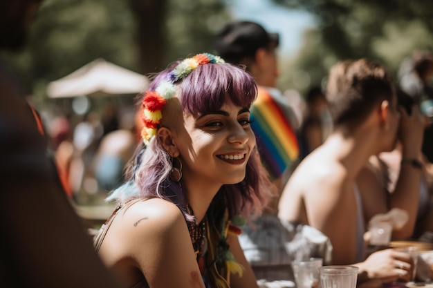 A woman with purple hair and rainbow hair smiles at the camera.