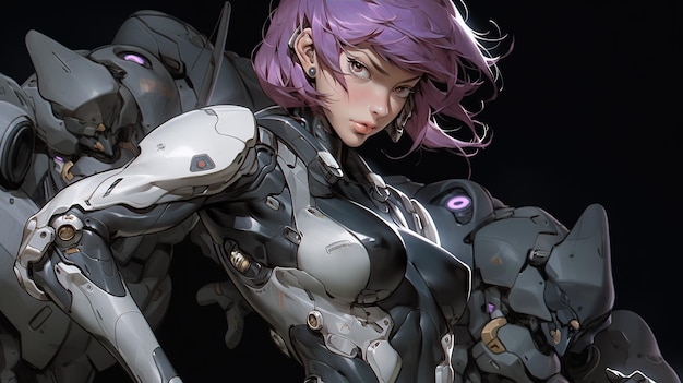 A woman with purple hair and a robot suit