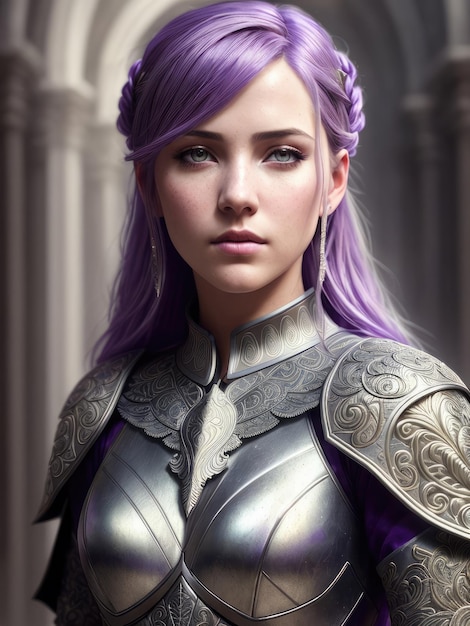 A woman with purple hair and a silver armor