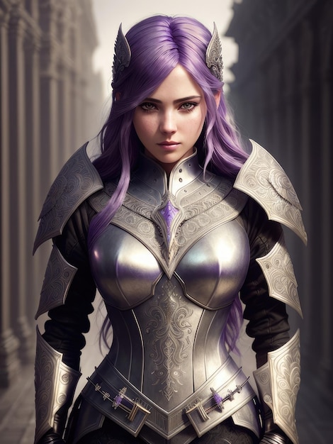 A woman with purple hair and a silver armor