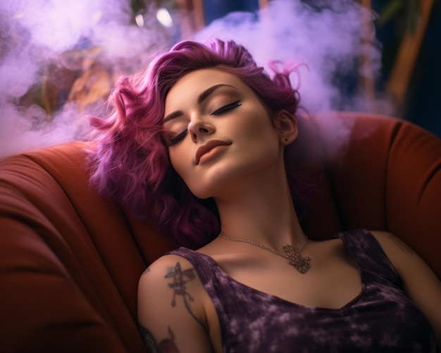 a woman with purple hair sitting on a couch with smoke coming out of her mouth