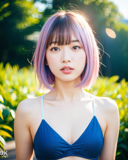 A woman with purple hair stands in a field with trees in the background.