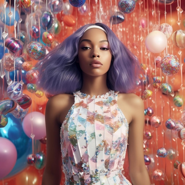 A woman with purple hair stands in front of a wall with many colorful balls