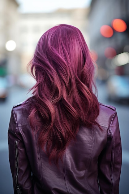A woman with purple hair stands in the street