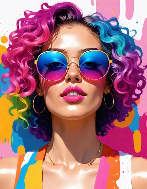 a woman with purple hair and sunglasses is wearing a colorful outfit