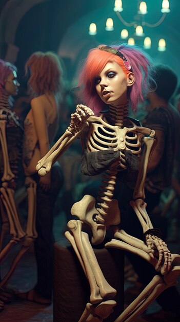 Photo a woman with a purple hair that says  skeleton