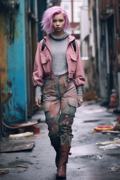 a woman with purple hair walking down a street