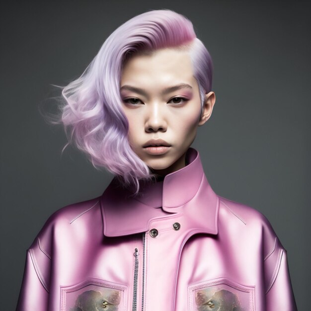 A woman with purple hair wears a pink leather jacket.