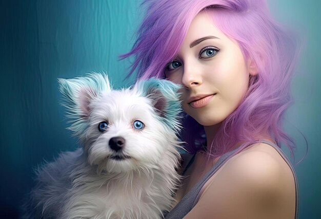 a woman with purple hair and a white dog
