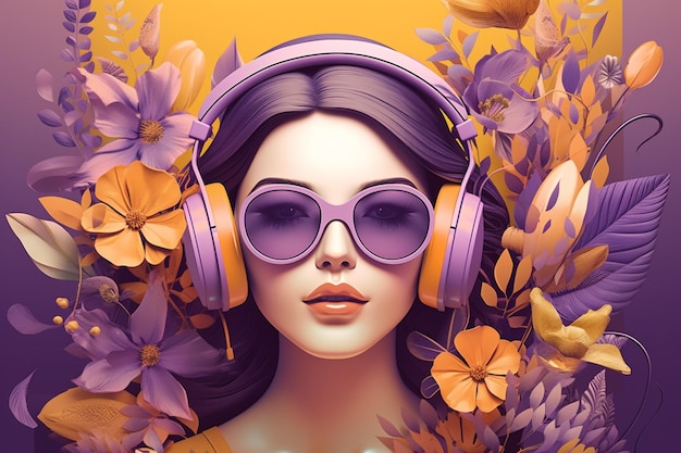 A woman with purple headphones on and a yellow background with flowers