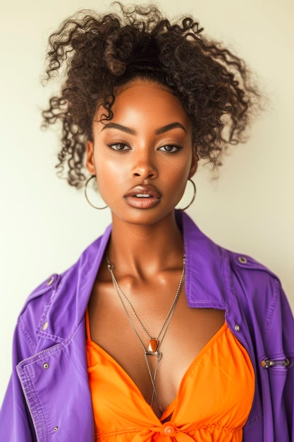 A woman with a purple jacket and orange top
