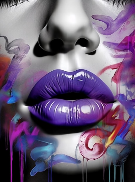 보라색 입술과 보라색 립스틱을 얼굴에 바른 여자.