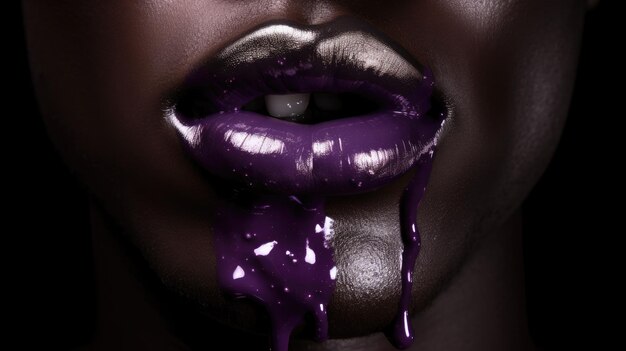 A woman with purple lipstick on her lips