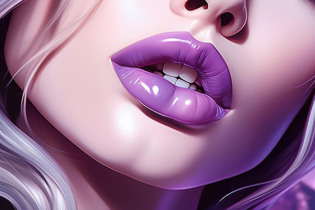 A woman with purple lipstick on her lips