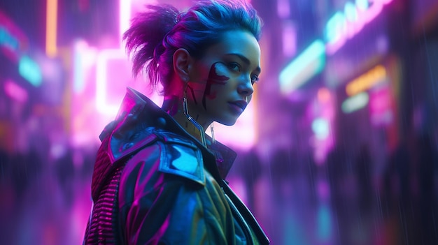 Premium AI Image | A woman with a purple neon light behind her