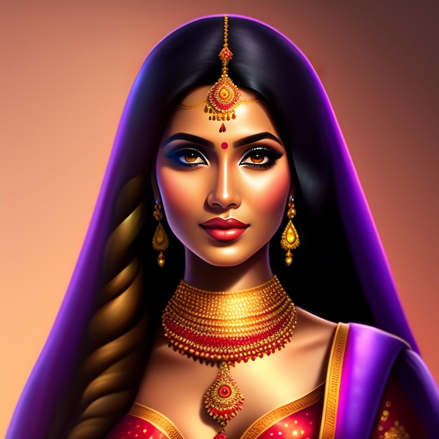 A woman with a purple saree and gold jewelry