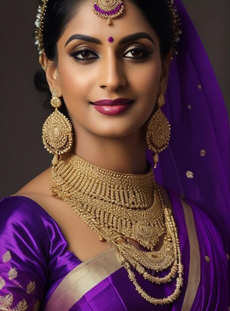 A woman with a purple saree and gold jewelry