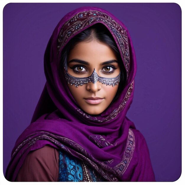Foto una donna con un sari viola sulla faccia e la parola quote su di esso