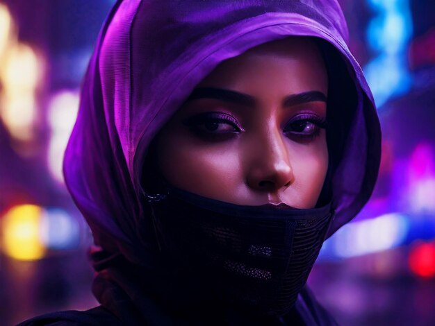 a woman with a purple scarf on her neck