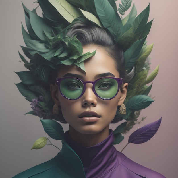 A woman with a purple shirt and purple glasses is wearing a purple outfit with green leaves.