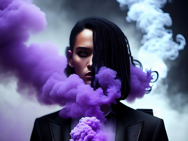 A woman with a purple smoke cloud behind her