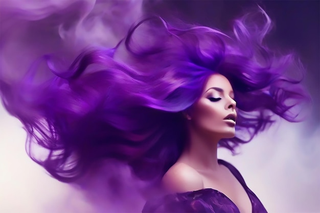 A woman with purple smoky hair blowing background in the wind