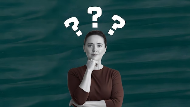 a woman with a question in her hand is standing in front of a black background with a question mark on her neck