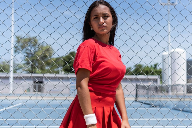 Woman with racket and ball standing near tennis court fence during break in training