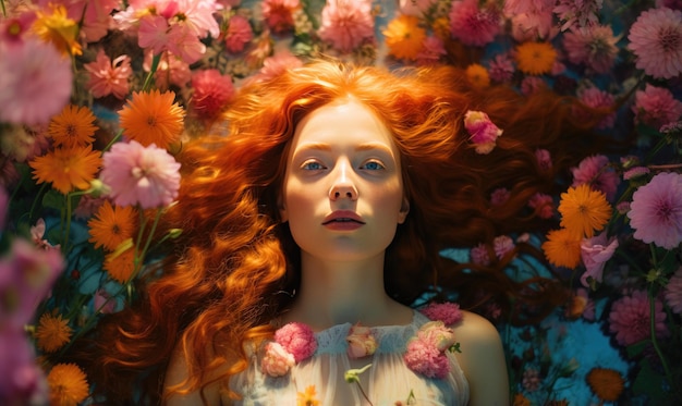 Женщина с сияющими красными волосами выделяется в пышном поле красочных цветов, излучающих радость.